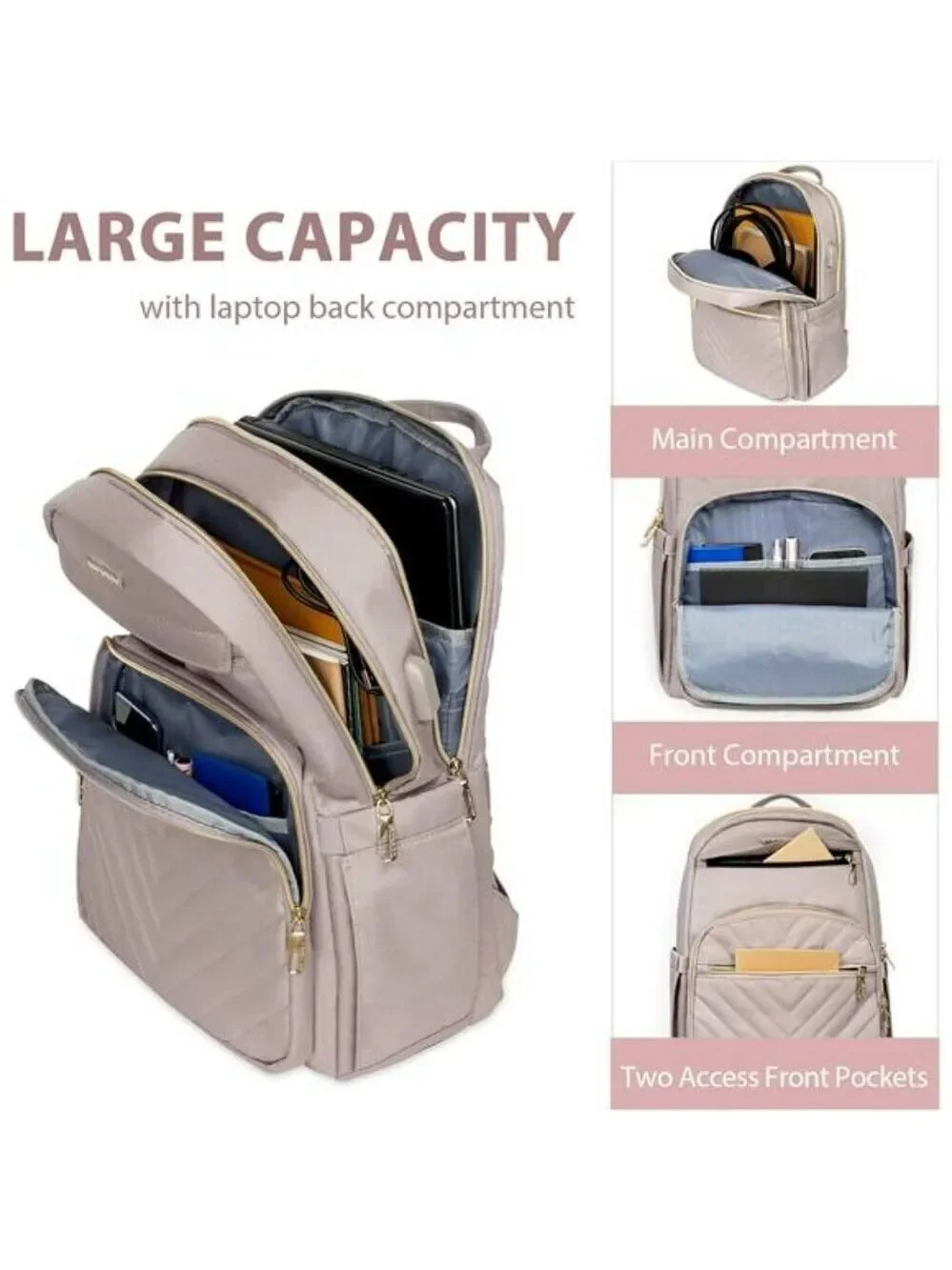 Vankean Womens Laptop Backpack 15.6 Inch USB Work Travel Bag Waterproof Pink